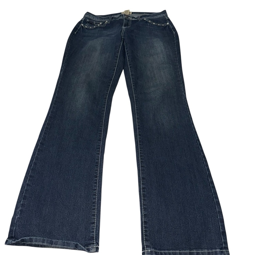 Earl Jean Women’s Size 8 Bootcut Jeans Dark Wash Embellished Flap Pocket Denim